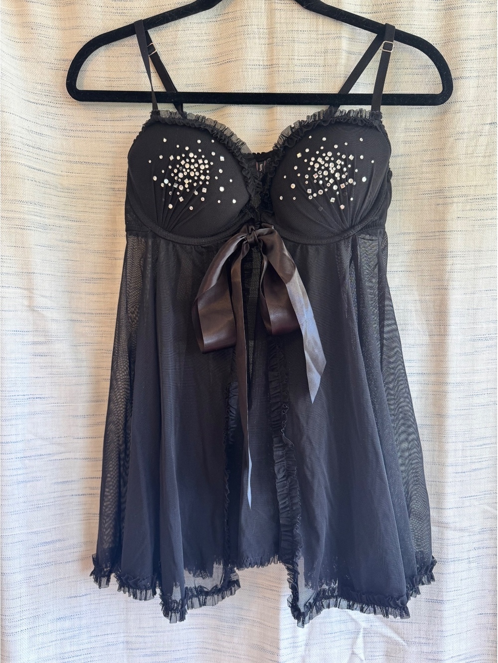 Sexy Little Things Black Sheer Babydoll Lingerie with Rhinestone Embellishments